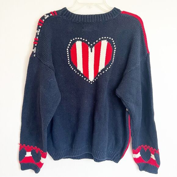 Vintage 80s90s Ninon De Lenclos Patchwork Americana Red White Blue Sweater Large - Picture 7 of 8